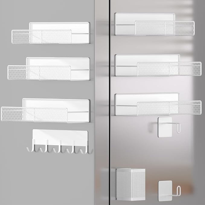 Magnetic Spice Rack for Refrigerator, 10 Pack Metal Magnetic Shelf, Moveable Spice Organizer with Hook Rack, Paper Towel Holder, Kitchenware Holder, Strong Magnetic Storage Fridge Organizer White
