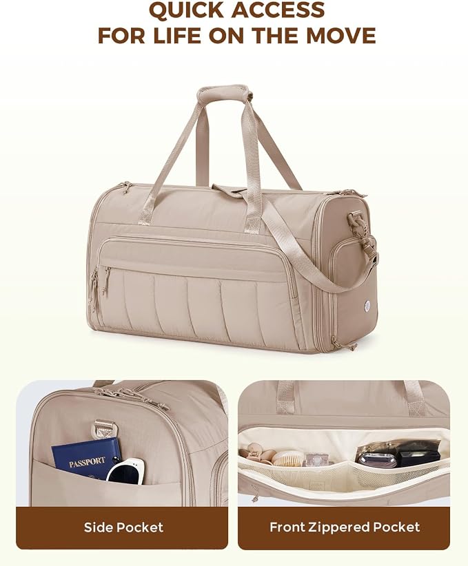WANDF Convertible Garment Bags for Travel with Wet Pocket Carry on Garment Duffle Bag 2 in 1 Puffy Hanging Clothes Travel Bags with Shoe Compartment for Airplanes Business Weekend Gym Wedding (Khaki)