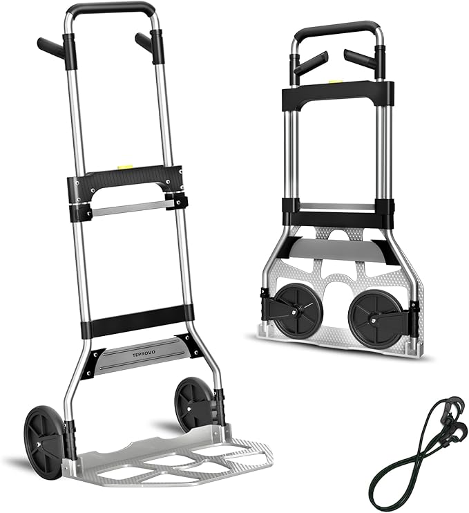 Teprovo Folding Hand Truck Dolly Cart,340LB Capacity Portable Aluminum Dolly Cart with Telescoping Handle and 7 Inch Rubber Wheels for Moving,Shopping,Travel,Office Use