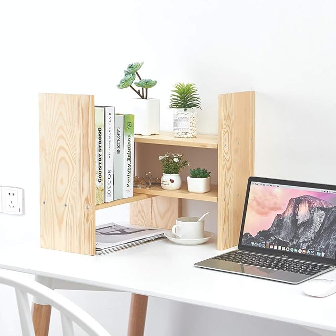 Liry Products Beige Adjustable Extendable Natural Wood Desktop Organizer Caddy Desk Organizer Countertop Shelf Bookcase Display Stand Rack Expandable Storage Office Home