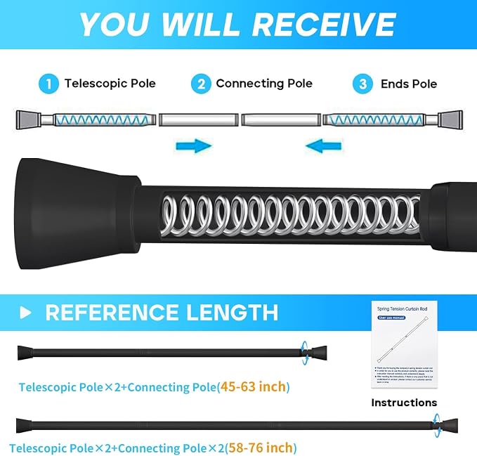 Shower Tension Curtain Rod Black 45 to 77 Inch Spring Tension Curtain Rod Shower Rod Non Slip Shower Curtain Rod No Drilling 1pcs for Windows Adjustable Tension Rods of Curtain Window Closet Kitchen