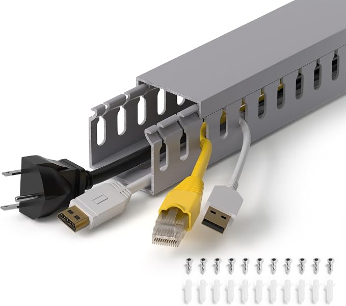1.4"H x 1.6"W Cable Raceway, 12ft Under Desk Wire Management Channel, Grey | Slotted Wire Duct, 4 Pack (3 ft Each), Heavy-Duty PVC Cable Management for Server Racks, Network Cables & Electrical Cabinets