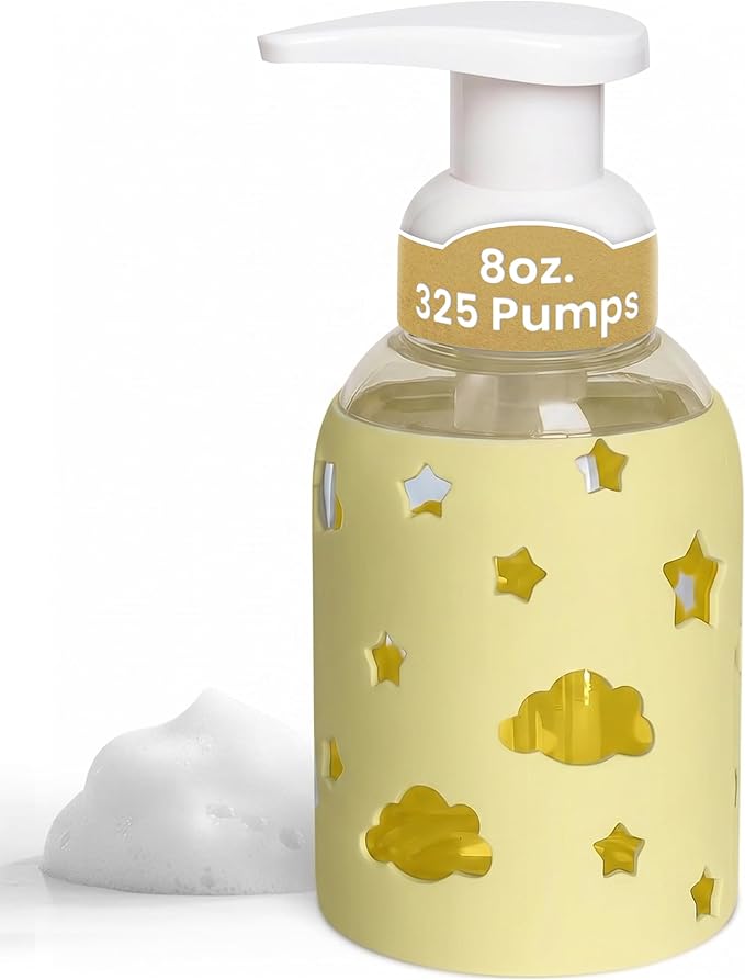 SoCal Suds & Company Foaming Hand Soap Dispenser Glass, Liquid Soap Pump with Cloud & Star Sleeve, Refillable Bottle for Kids, Baby Wash & Shampoo, Ideal for Bathroom & Kitchen Use, Light Yellow, 8oz