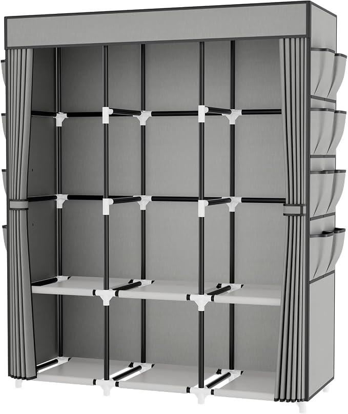 Portable Closet with Cover, 3 Hanging Rods and Side Pocket, Sturdy Free Standing Closet, Grey