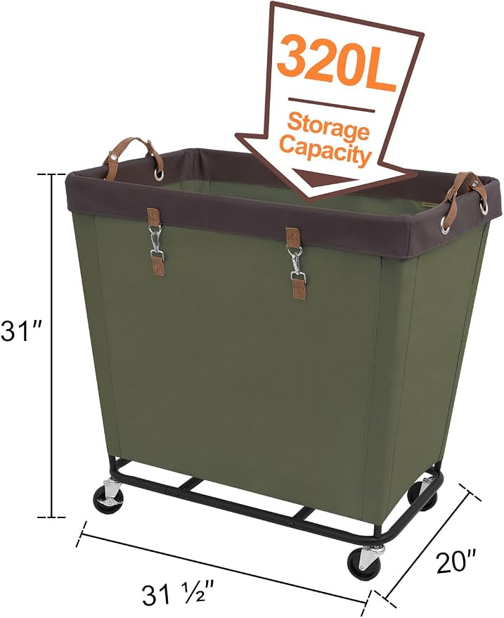 StorageWorks Laundry Basket with Wheels for Clothes, 320L Green Hamper Cart
