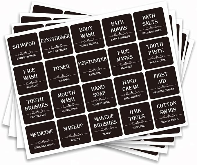 100Pcs Black Bathroom Labels for Organizing, Hand Soap Mouth Wash Labels Laundry Room Stickers Minimalist Removable Waterproof Labels for Shower Bottles Containers Jars, 1.57x1.57 Inch