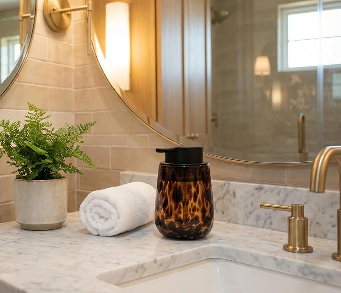 Marble Glass Liquid Soap/Lotion/Hand Sanitizer Pump Dispenser, Refillable for Kitchen and Bathroom Countertop (Amber)