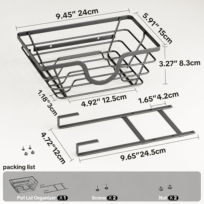 TIDIIABODE Pot Lid Organizer, Adjustable Kitchen Pot Lid Holder Inside Cabinet, Kitchen Cabinet Organizer Hanging for Food Storage Container, Pot, Pan Lid & Bakeware, Black, Small