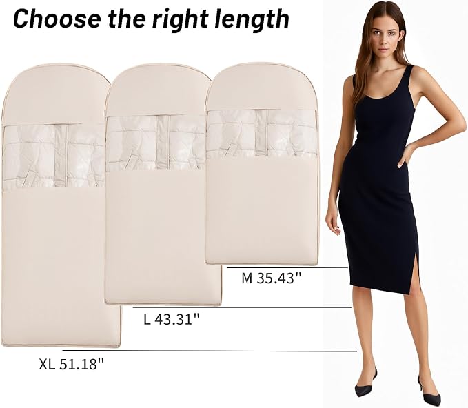 Space Saving Hanging Compression Garment Bag with Zipper for Closet Storage, Hanging Clothes Storage Bag, Garment Covers for Coats and Down Jackets, Beige, L