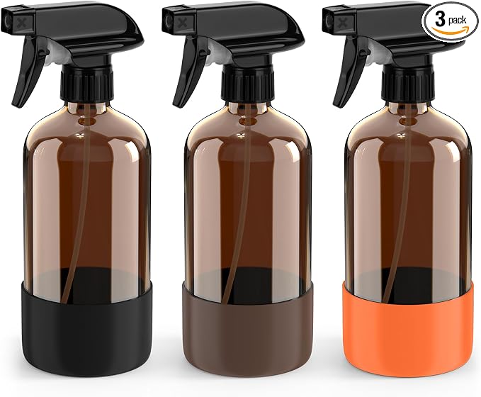 Bontip Amber Glass Spray Bottle with Silicone Sleeve Protection, 16 oz Refillable Spray Bottles for Cleaning Solutions, Plants, Aromatherapy, Facial Hydration (3, Black & Brown & Orange, 16 oz)