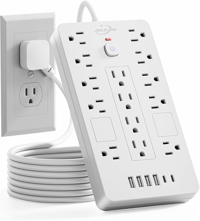 JouleLoom Surge Protector Power Strip-14 Outlets and 6 USB Ports, 15 Feet Flat Plug Extension Cord, 1850 Joules, White, ETL Listed for Home, Office, Dorm Room