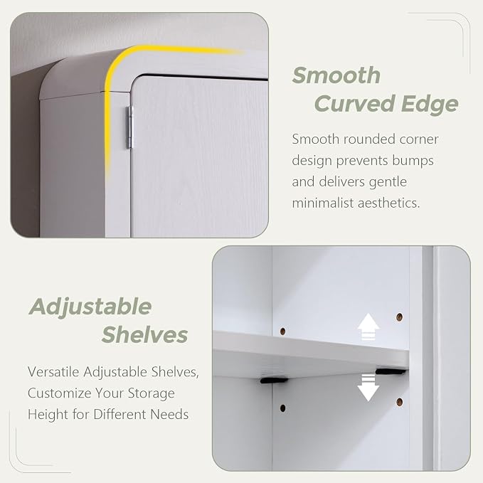 Over the Toilet Storage Cabinet, 69.69" Curved Bathroom Storage Organizer Cabinet with Doors and Adjustable Shelves, Wooden Free Standing Toilet Space Saver Rack, White