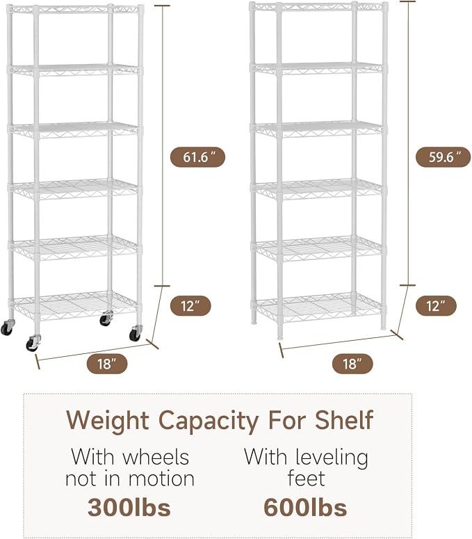 Golpart Small Shelves Storage Wire Metal Adjustable Shelf Unit with Wheels | 6 tier Shelving Organizers Storage Shelving for Bathroom Laundry Room Kitchen Pantry 11.7”D x 17.7”W x 61.6”H White