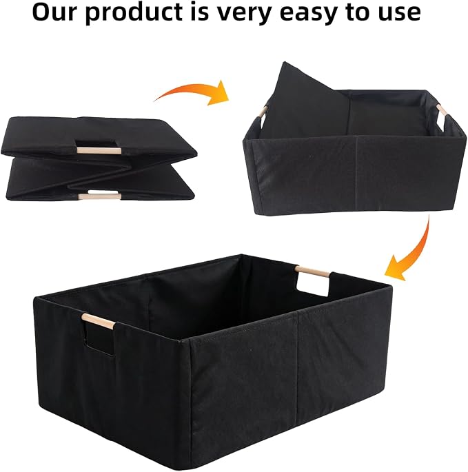 1Pcs Black basket Black Storage Baskets Linen Decorative Storage Bins with Wooden Handles Foldable Rectangular Storage for Shelves, Closets, Home, Office