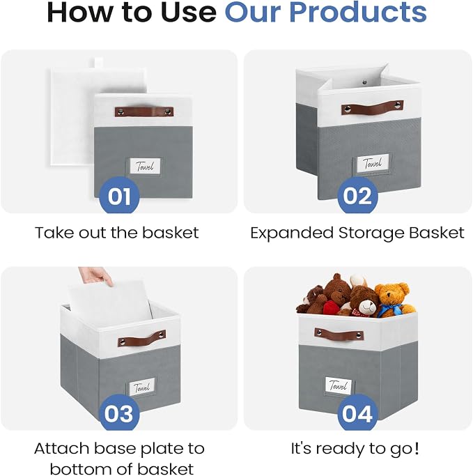 FinishingBo 10.5" x 11" Storage Bins with Labels 6 Pack | PU Leather Handles, Foldable Storage Cubes, Storage Baskets, Closet Storage, White/Dark Grey