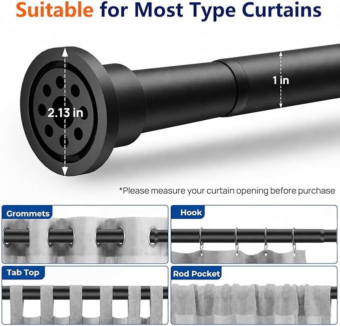 ALLZONE Shower Curtain Rod Spring, 28-42 Inch Heavy Duty Tension Rods No Drilling, Anti-Slip Shower Rods, Adjustable Tension Curtain Rod for Window/Bathroom/Closet, Black
