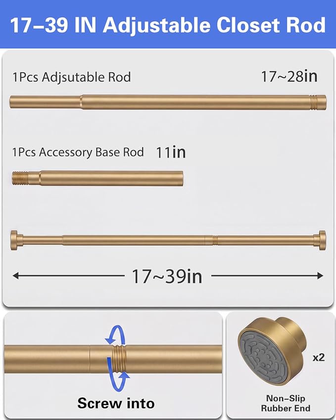Closet Rod, No Drill Tension Closet Rod for Hanging Clothes, 17-39in, Gold | Quick Tool-Free Install, Non-Slip Rubber Ends Grip Securely, Heavy-Duty Rod Supports Up To 66 lb In Closet, Laundry Rooms, RV