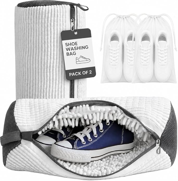 GEWON Shoe Washing Machine Bag for Wash & Dry, 4-in-1 Kit 2 Chenille Sneaker Laundry Bags + 2 Dust Bags, Self-Locking Zipper