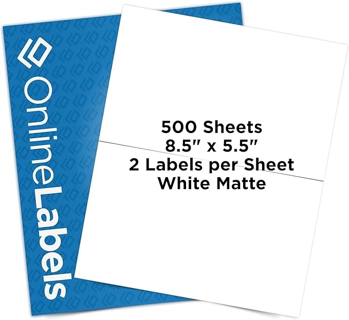 8.5 x 5.5 Half-Sheet Shipping Labels - Permanent, White Matte - for FBA, FedEx, UPS - Pack of 1,000 Labels, 500 Sheets - Inkjet/Laser Printers - Online Labels