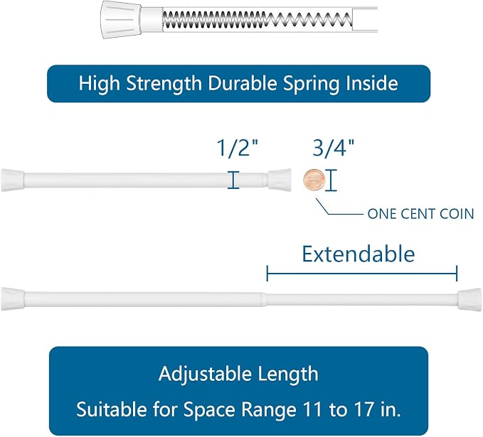 TYRON Tension Curtain Rod Small Adjustable 11 to 17 Inch, Spring Expandable Pressure Loaded Tension Rods, Window Curtain Rod for Kitchen, Closet, RV, Bathroom (White, 2 Pack)