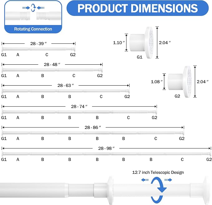No Drilling Closet Rod, Adjustable White Closet Rod, 28-98 Inches Heavy-Duty Closet Tension Rods for Hanging Clothes for Wardrobes, Closet, Laundry & Bathroom (White)