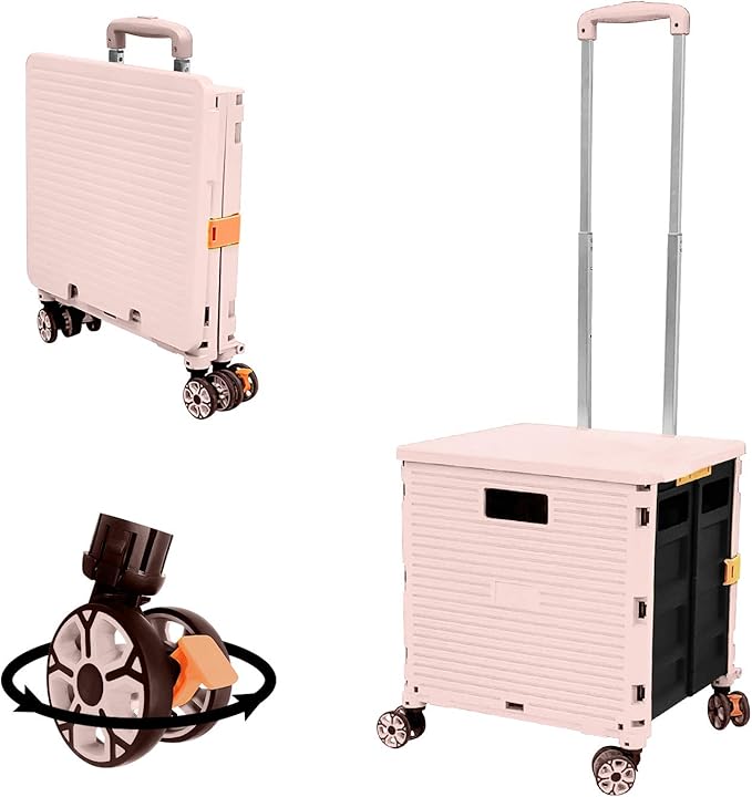 FELICON SELORSS Foldable Utility Cart Folding Portable Rolling Crate Handcart with Durable Heavy Duty Plastic Telescoping Handle Collapsible 4 Rotate Wheels for Travel Shop Move Luggage Office(Pink