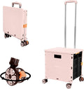 FELICON SELORSS Foldable Utility Cart Folding Portable Rolling Crate Handcart with Durable Heavy Duty Plastic Telescoping Handle Collapsible 4 Rotate Wheels for Travel Shop Move Luggage Office(Pink