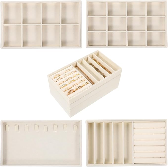 4Pcs Jewelry Organizer Trays, Stackable Velvet Jewelry Trays, Drawer Insert Divider Jewel Display Storage with Removable Dividers, Divided Storage for Earring Necklace Rings Bracelet