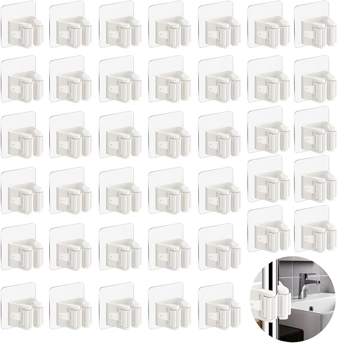 3-H 40 Pack Self Adhesive Broom Holder Wall Mount - Heavy Duty No Drill Broom Organizer for Garage Closet Kitchen, Plastic Storage Rack for Brooms Mops Tools, Peel and Stick Adhesive, White