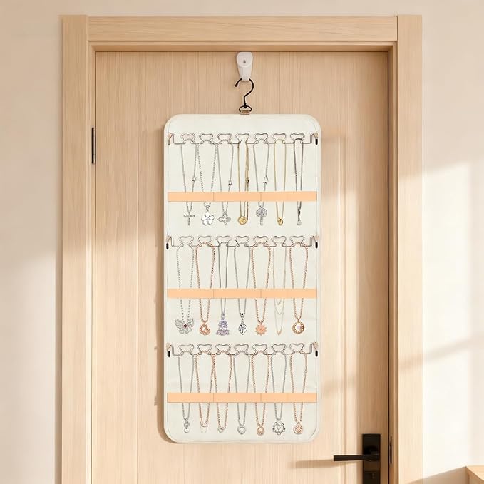 Hanging Jewelry Organizer Storage Roll with 48pcs Pocket Double Sided Rotating Hanger Necklace Hanging Wall Organizer with Hanger Hooks(COLOR:white)