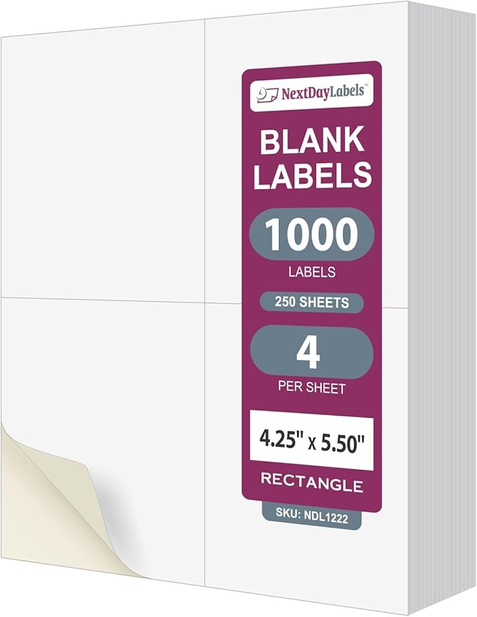 NextDayLabels 4.25x5.5 Inch Rectangle Stickers White Blank Labels for Laser Inkjet Printer - 4 Per Sheet Self-Adhesive Shipping Mailing Address Made in USA - 1000 Labels