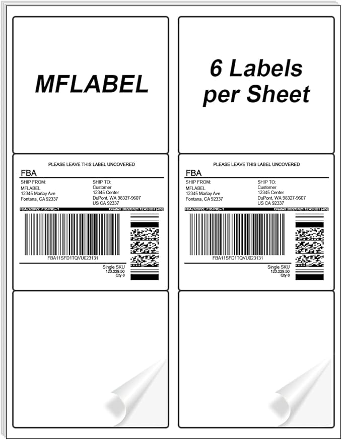 MFLABEL 3-1/3" x 4" FBA Shipping Labels - 6-UP on 8.5x11 Sheet, 25 Sheets (150 Labels) | Easy to Peel & Pop-Out Design for Laser & Inkjet Printers | Address Labels for Amazon FBA, UPS, FedEx
