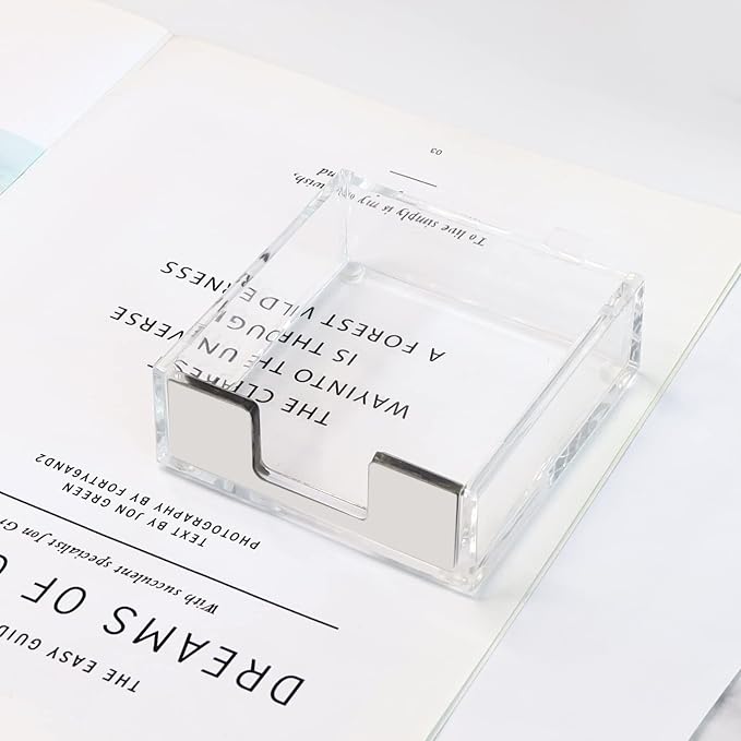 MultiBey Silver Sticky Note Holder Clear Acrylic Memo Pad Dispenser | Transparent Sticky Note Pad Holder Desk Supplies Organizer Accessories for Office Home Schools Decor (Silver)