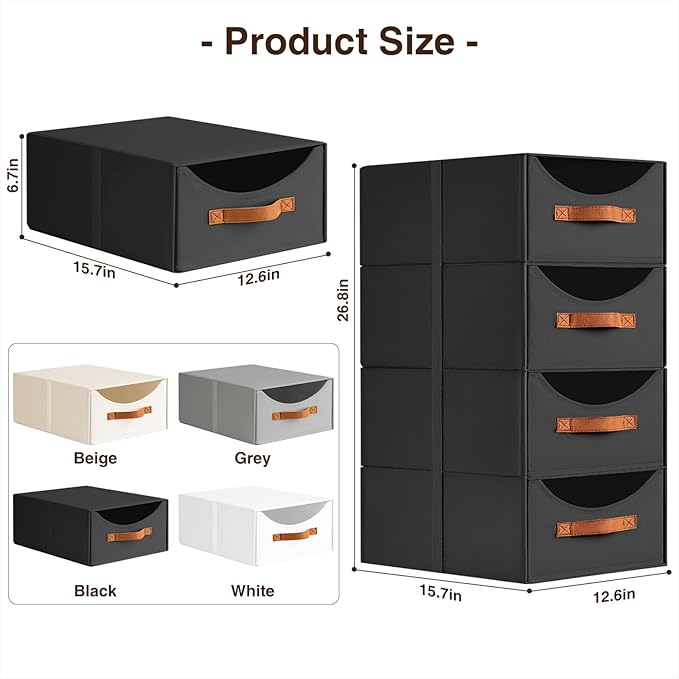 Homsorout Closet Organizers and Storage - Large Stackable Storage Bins with Drawer, Fabric Bins for Organization, Collapsible Storage Drawers Organizer for Bedroom, Living Room, 4 Pack, Black