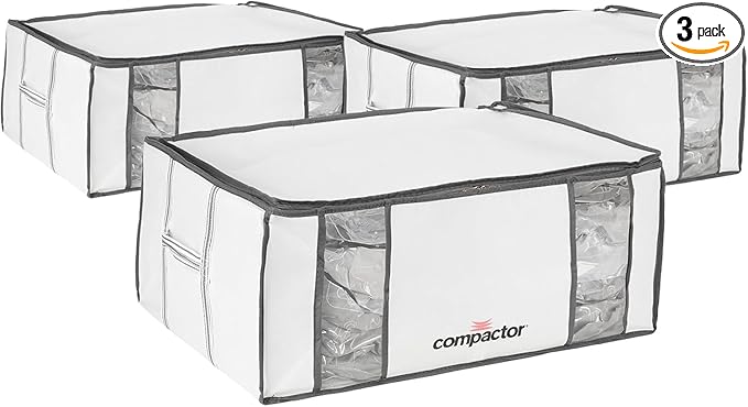 Compactor 3 Pack Vacuum Storage Bags with Semi-Rigid Structured Boxes, Polypropylene & Nylon Vacuum Storage Bag, Vacuum Seal Bags for Clothing and Bedding, Closet Organizer (White, XXL)