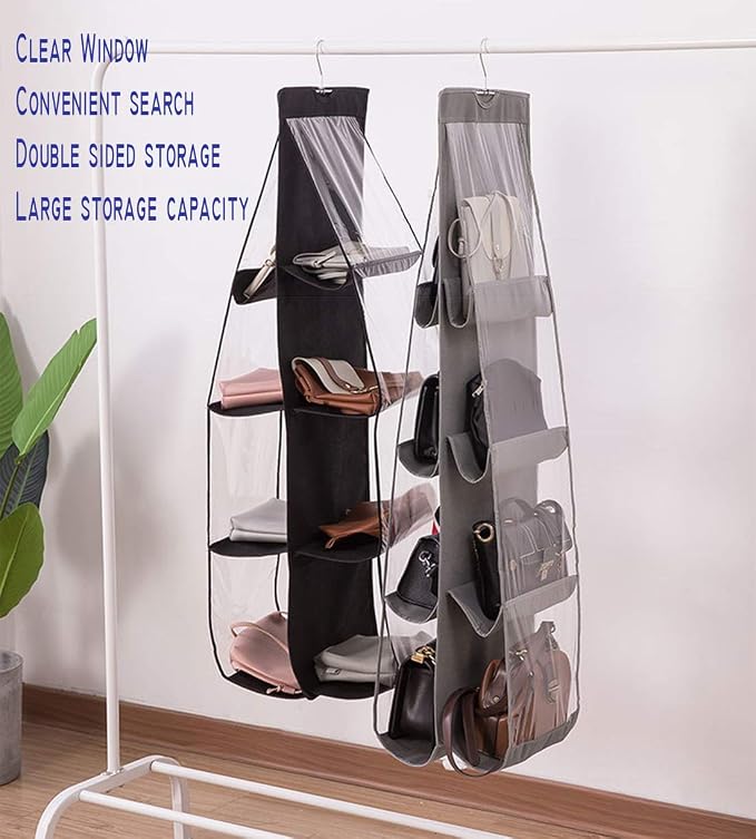AARAINBOW 2 Packs Hanging Handbag Purse Organizer for Closet, Womens Purse Storage Organizers, Hand Bag Organizer Holder 8 Pockets Space Saving, 46 L x 13.8W (C-Gray Pink)