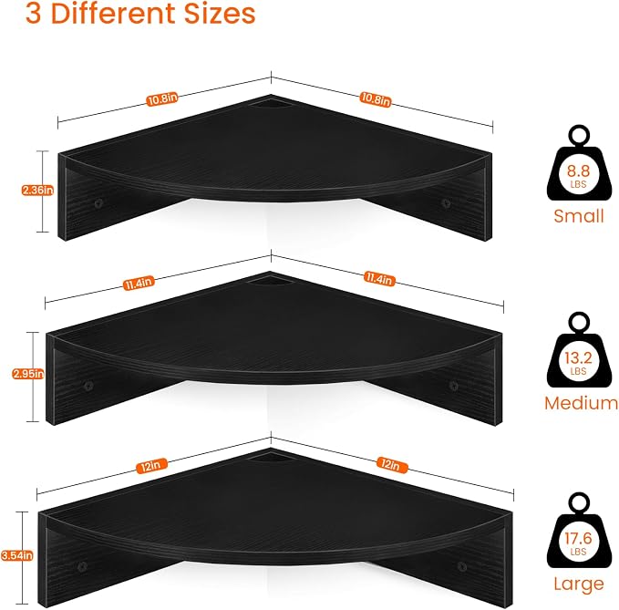Homode Corner Floating Shelves, Set of 3 Corner Shelves Wall Mounted with Cable Hole, 3 Tier Wooden Hanging Corner Storage Shelf for Bedroom, Living Room, Kitchen, Black