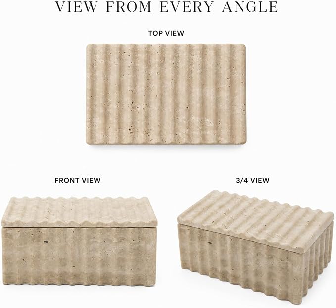 Travertine Storage Box with Lid, Wave Stone Organizer | Lidded design, wave texture, beige travertine pores vary, accessories not included