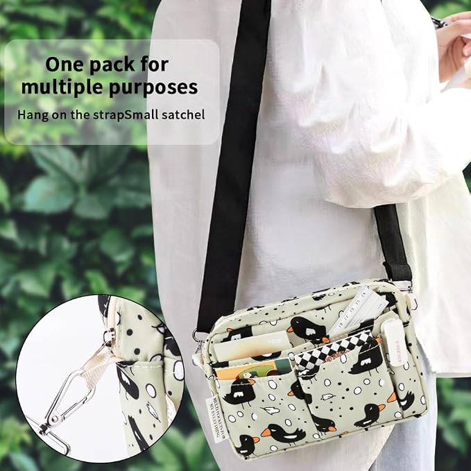 E-WEICHEN Multiple Pockets Portfolio Organizer with Zippered, Makeup Bag Travel Essentials for Women, Simple Waterproof Stationery Pencil Pouch Bag for Journal Office Art Supplies.Beige Bird