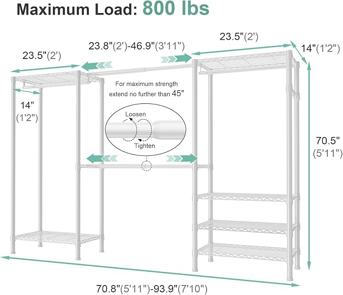 SEMHOR E06 Expandable Heavy Duty Clothes Rack for Reach-in Closet, Freestanding Clothing Racks with Shelves, Carbon Steel Closet Organizer System Adjustable from 70.8-93.9", Max Load 800LBS, White