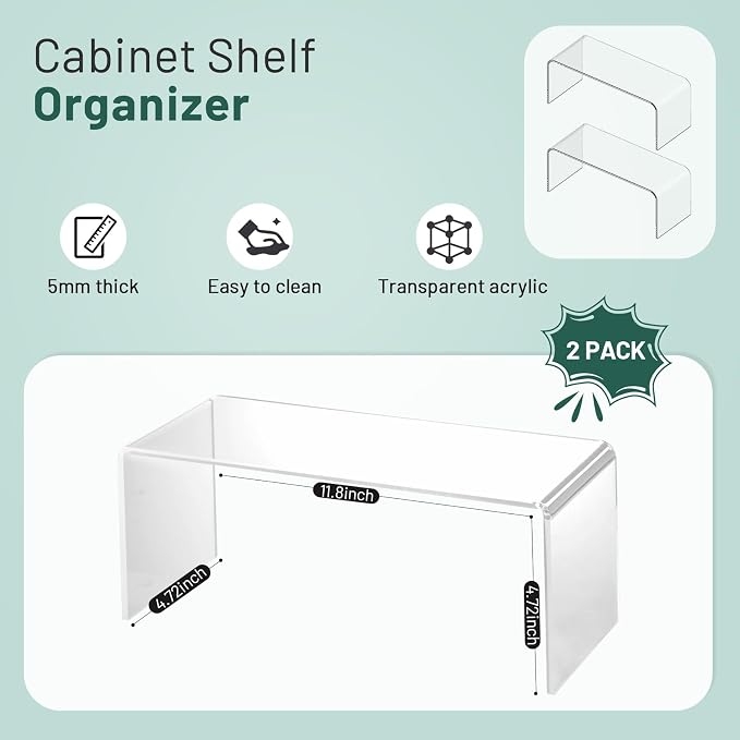 Clear Cabinet Shelf Organizers, 2 Pack Shelf Risers Kitchen Cabinets, Spice Rack for Dishes, Soda Cans and Cup（11.8 x 4.72 x 4.72 Inch）