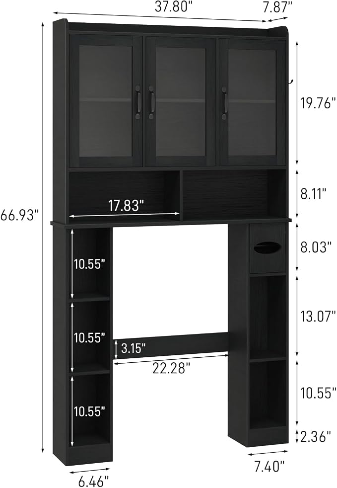 Vabches Over The Toilet Storage Cabinet with Glass Doors, Black | Farmhouse Bathroom Organizer with Adjustable Shelf, Home Space-Saving Toilet Rack,for Restroom,Bathroom, Laundry