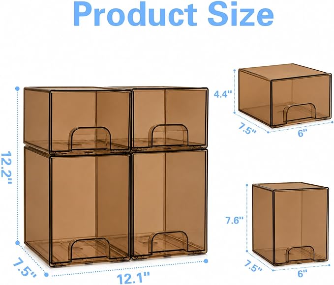 Baby Bottle Organizer, 4 Pack Tea Brown Acrylic Stackable Storage Drawers, Baby Bottle Storage Organizer for Countertop, Nursery, Vanity & Cabinet