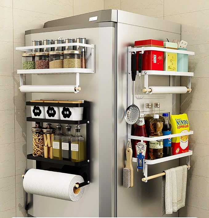 Refrigerator Shelf Organizer Magnetic Paper Towel Holder Kitchen Fridge Spice Rack Storage Spice Jars Holder(Black)