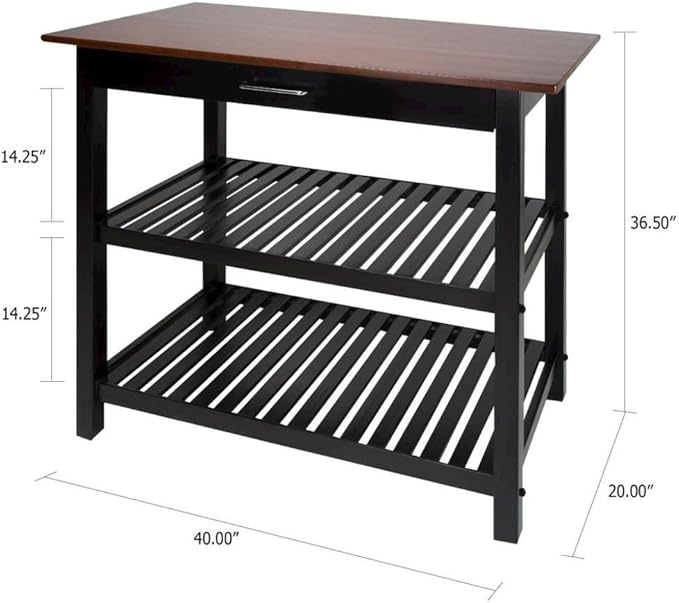 Furnifact Solid Wood Kitchen Island with Drawer, 2 Open Shelves, Black Base and Walnut Top, Island Table for Kitchen Storage and Food Prep
