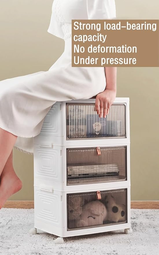 Foldable Storage Bins Boxes with Lid Wheels and Magnetic Door, Collapsible Stackable ABS Organizer for Kitchen Cloakroom Closet Living Room & Office(5 Tier)