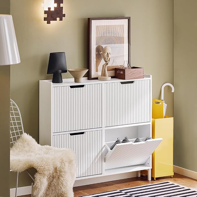 SoBuy Shoe Storage Cabinet for Entryway, Freestanding Shoe Organizer Cabinet, Narrow Slim Hidden Shoe Rack, FSR170 (White, 4-Drawers)