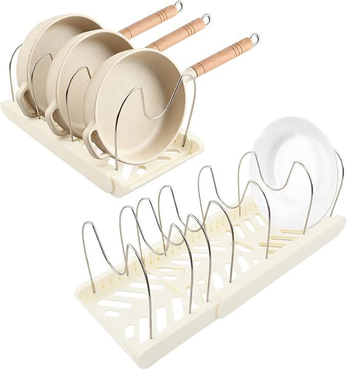Expandable Pots and Pans Organizer Rack,with 10 Adjustable Compartments for Kitchen Cabinet or Under Sink 13"-23"Adjustable Pot Lid Holder for Cookie Sheets Cutting Boards Cookware(COLOR:White)