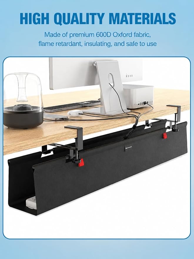 Under Desk Cable Management Tray, 90CM Extra Large, No-Drill Clamp Mount Cable Organizer, Hide Power Strips, Adapters & Wires, Easy Access Fabric Cable Basket for Standing Desks & Home Offices