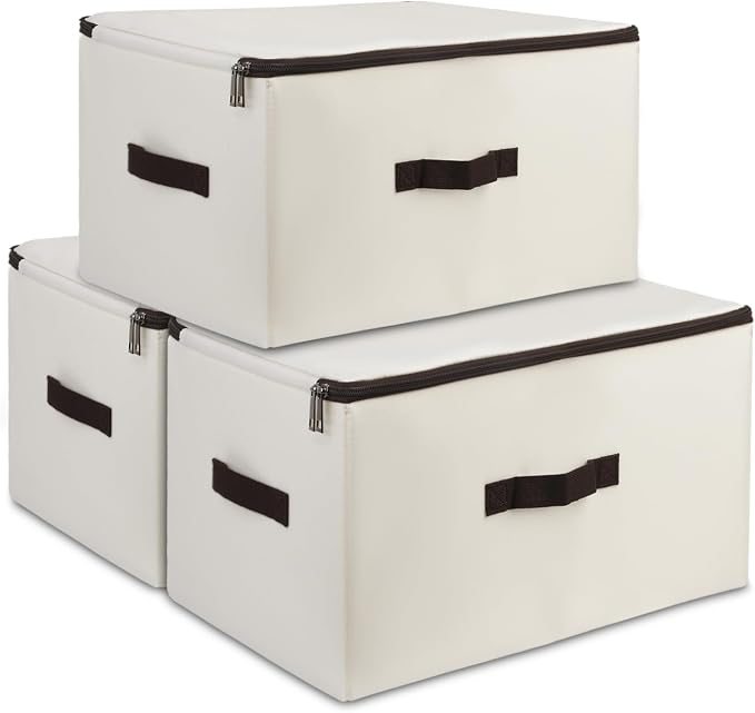 3 Pack, Rigid Office Documents Files Lidded Storage Bins with Carry Handles | Collapsible design, 3-side zipper open, sturdy boards inside, durable, long lifespan, washable, versatile use in office, home